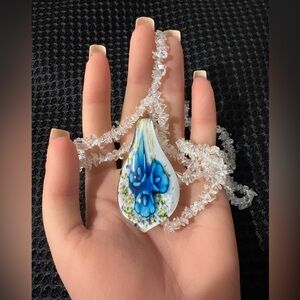 Delicate Floral Teardrop Glass Pendant Necklace with Vibrant Blue Flowers